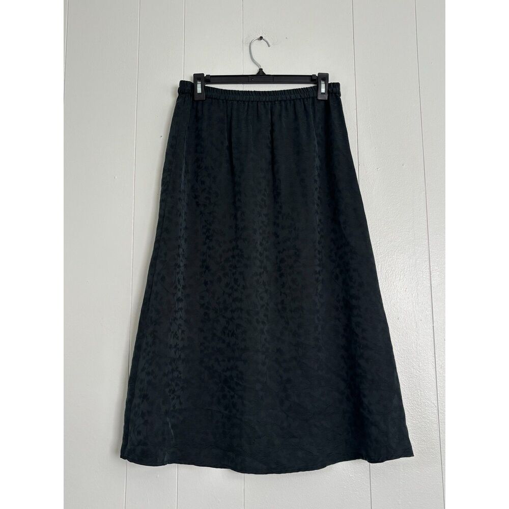 Eileen Fisher Petite 100% Silk Jacquard Midi Skirt PS Black Floral Pull On
